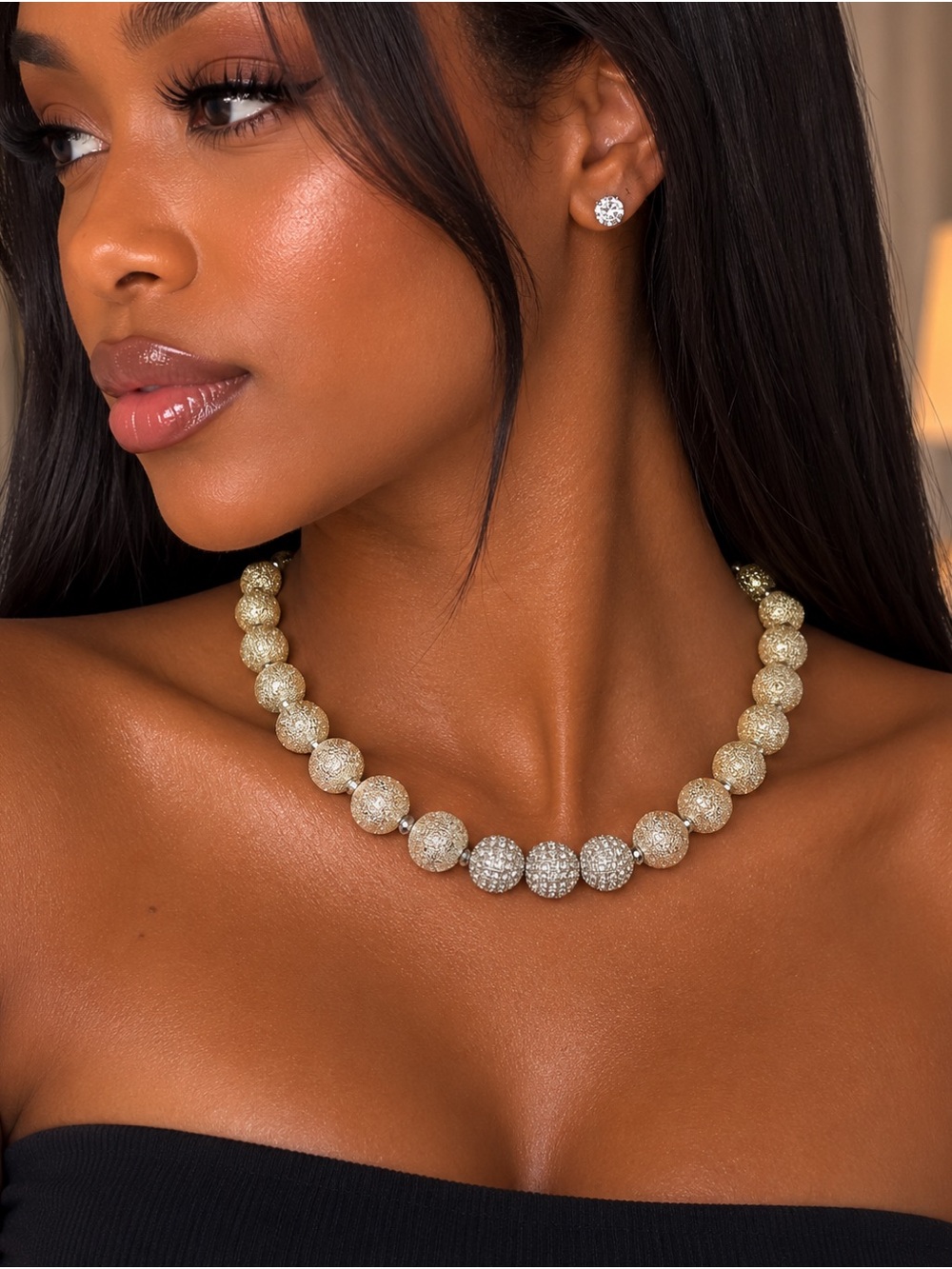 Gold Crystal Pavé Bead Necklace — Luxe Gold Statement for Women